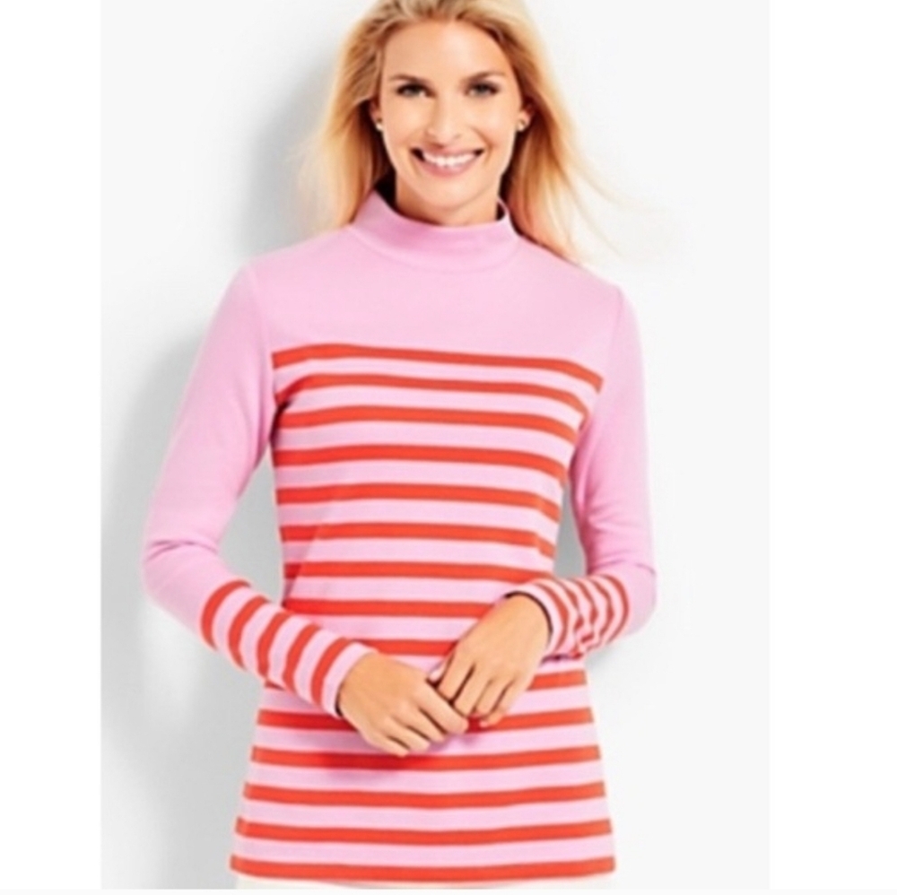 Talbots Calder striped knit mock neck top Pink Size Large